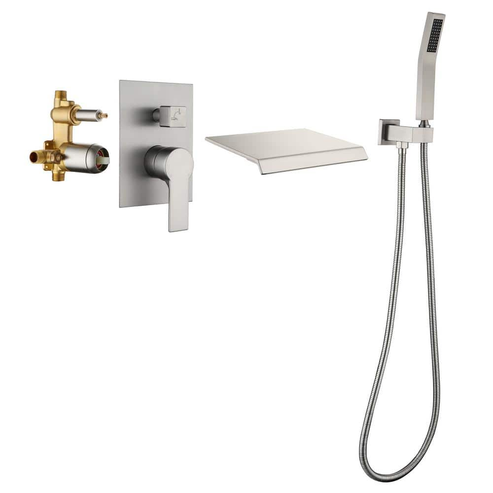 1-Spray Single-Handle Wall Mount Roman Tub Faucet with Hand Shower and Waterfall Spout in Brushed Nickel