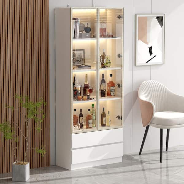 78.7 in. White Wooden Accent Storage Cabinet With 2-Glass Doors, Drawers, Multiple Shelves, LED Lights