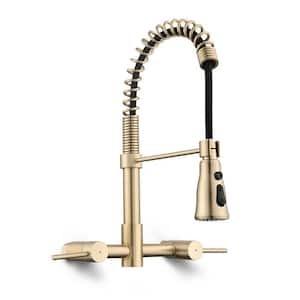 Double Handle Wall Mounted Bridge Kitchen Faucet with 3 Function Pull Down Sprayer Head in Brushed Gold
