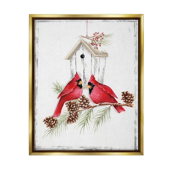 Stupell Industries Cardinals and Snowy Birdhouse by Emma Leach 1-Piece Floater Frame Graphic Print Animal Poster Art Print 21 in. x 17 in.