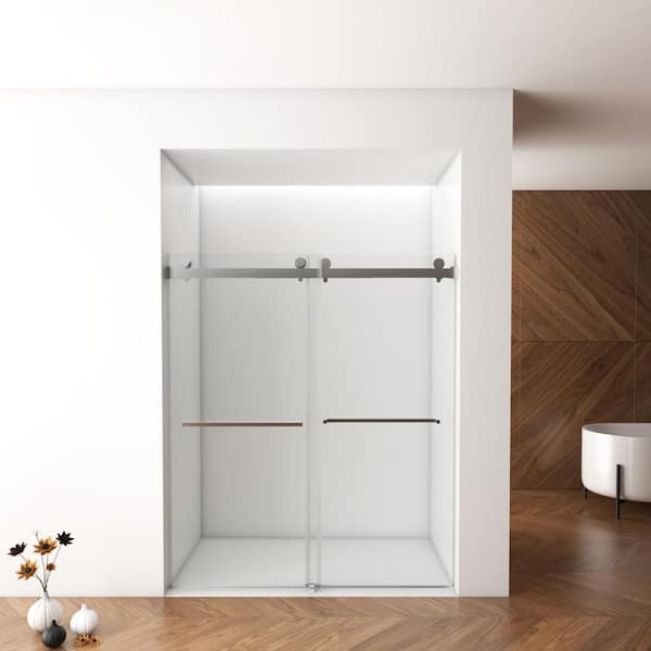 60 in. W x 76 in. H Sliding Aluminum Frameless Shower Door in Brushed Nickel with Clear Easy Clean Coat Tempered Glass