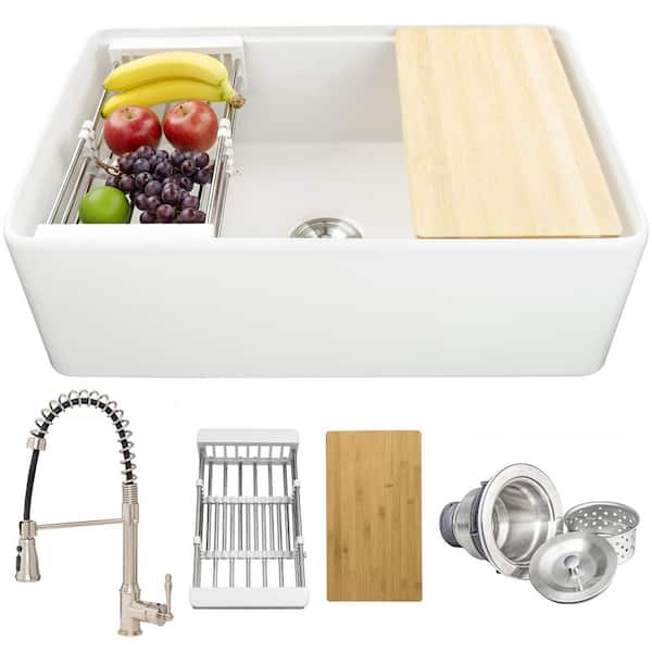 White Fireclay 30 in. Single Bowl Apron-Front Workstation Kitchen Sink with Faucets, Basket Strainer