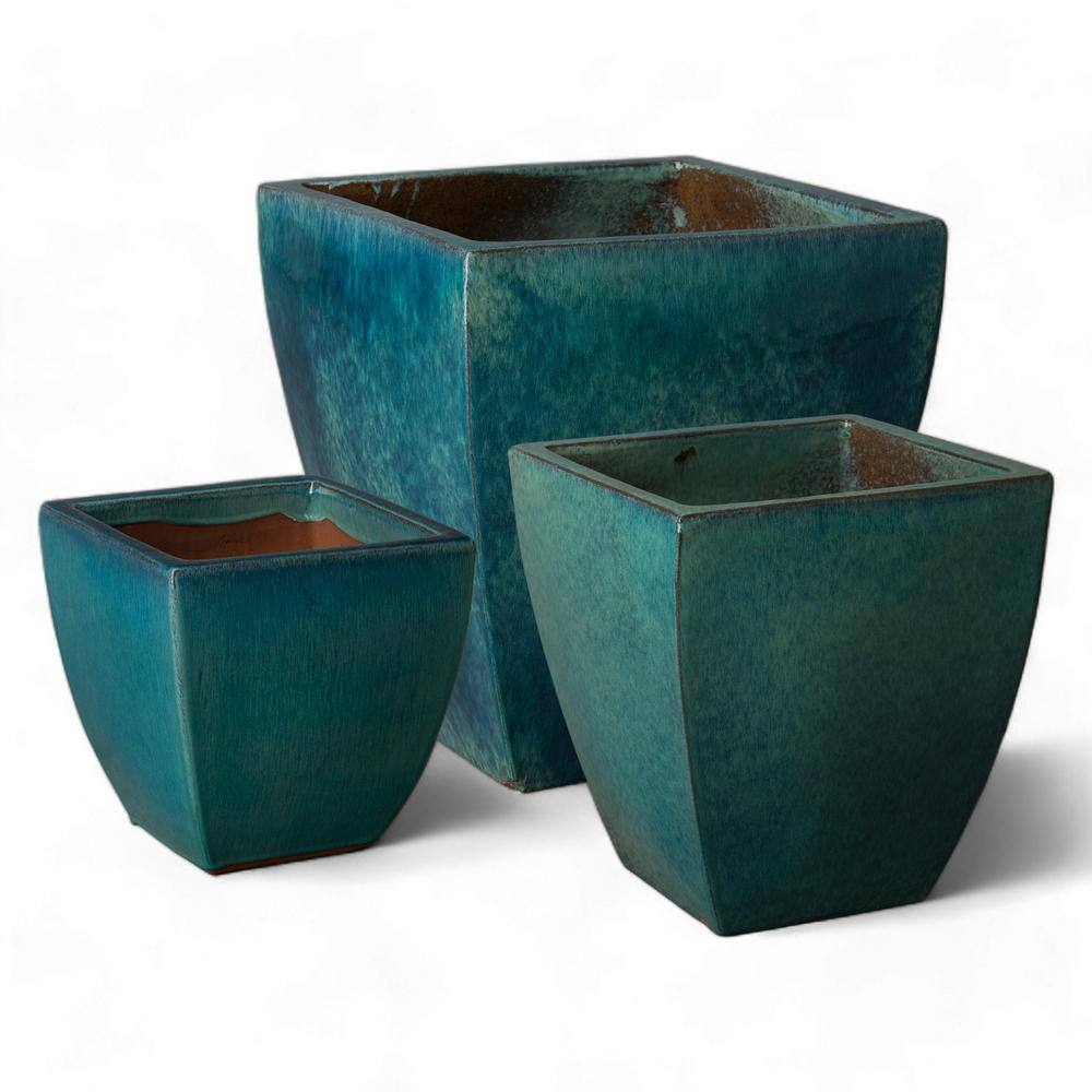 Teal Square Ceramic Planter for Indoor/Outdoor Use, 12" x 12"