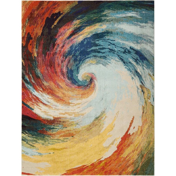 8' X 11' Blue Red and Orange Abstract Non Skid Area Rug