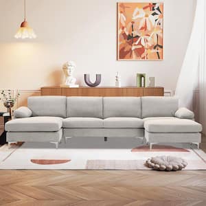 128.3 in. W Round Arm Fabric U Shaped Convertible Sectional Sofa in Beige