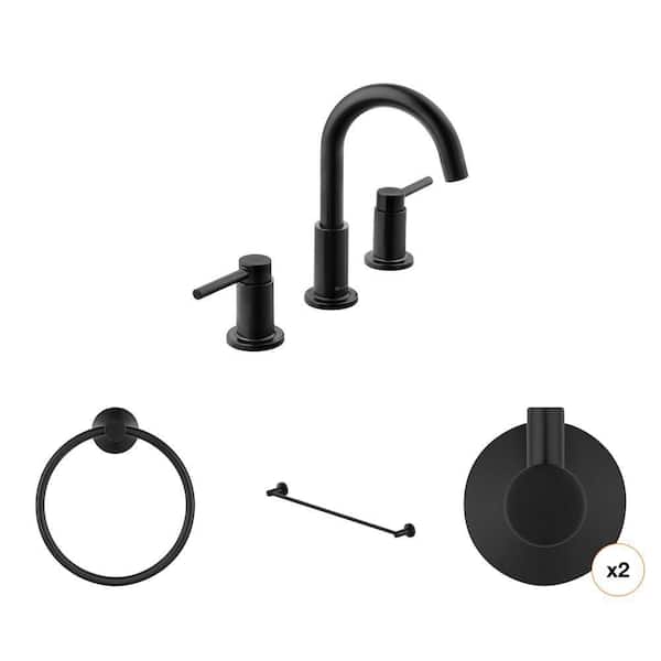 Dorind Matte Black Bathroom Set: Robe Hook, Towel Ring, 24 in. Towel Bar, 8 in. Widespread Faucet