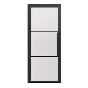 36 in. x 85 in. 3 Lite Frost Glass Black Steel Frame Prehung Interior Door with Door Handle