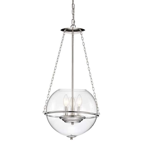 Edvivi Orbit Modern 3-Light Polished Nickel Chandelier with 13 in. Clear Glass Globe
