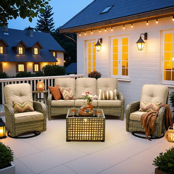Ruby 5-Piece Wicker Outdoor Patio Conversation Sofa Set with Swivel Chairs, Solar-Light Coffee Table and Beige Cushions