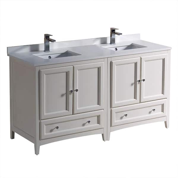 Fresca Oxford 60 in. Double Vanity in Antique White with Quartz Stone Vanity Top in White with White Basins