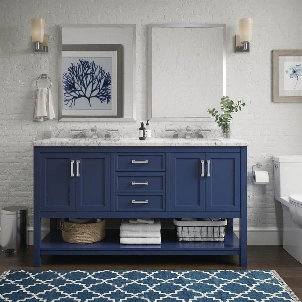 60 Bainbridge Vanity with Double Sinks and Carrara Marble Top in Blue -  HouseTie