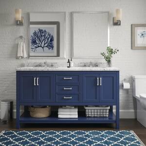 Everett 61 in. W x 22 in. D Vanity Cabinet in Aegean Blue with Carrara Marble Vanity Top in White with White Basins