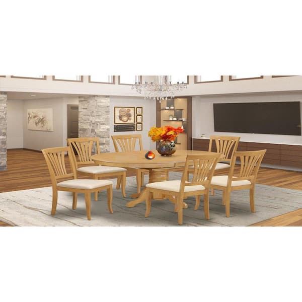 East West Furniture 7-Piece Oval Natural Oak Finish Solid Wood Top Dining Table with 6-Chairs with Lattice Back