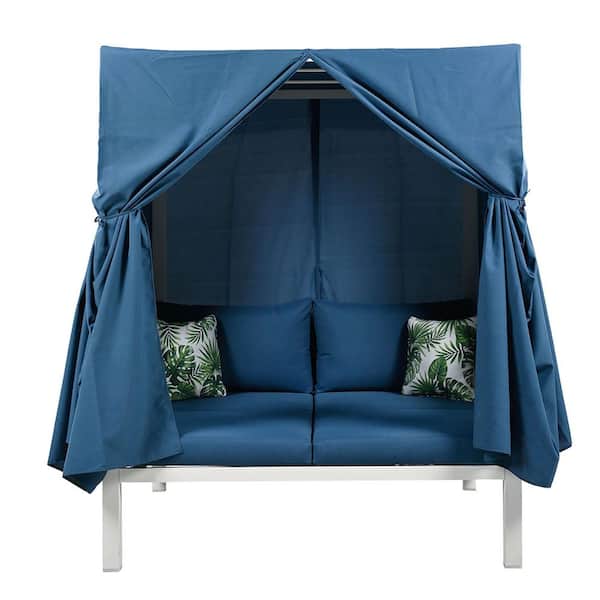 Rubber Core Rope Wicker Outdoor Day Bed with Blue Cushions and Canopy Curtains