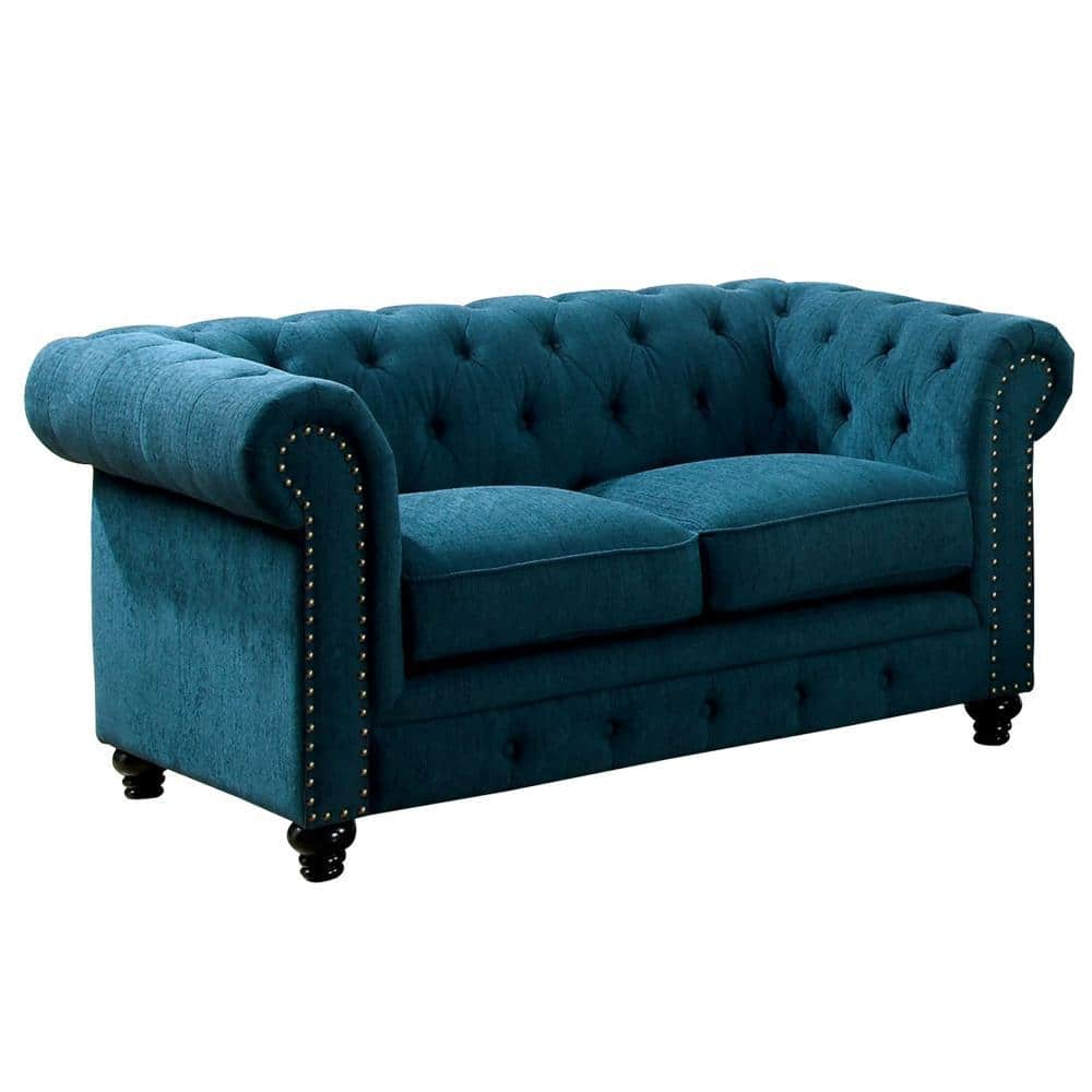 Benjara 67.25 In. Blue Solid Print Leather 2-Seater Loveseat With ...