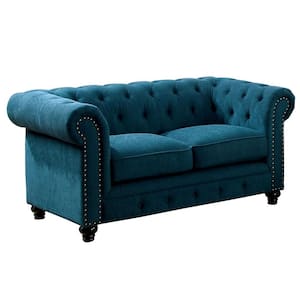 67.25 in. Blue Solid Print Leather 2-Seater Loveseat with Button Tufted Backrest and Rolled Design Arms