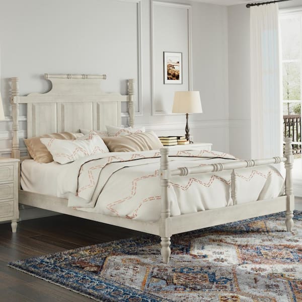 Harper & Bright Designs Retro White Timeless Elegance Wood Frame King Size Four Poster Platform Bed with Elegantly Turned Posts