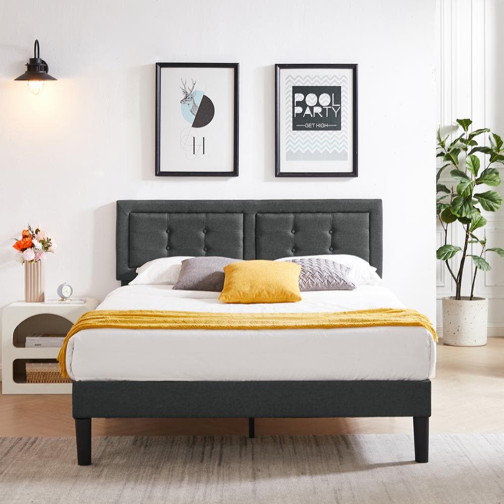 VECELO Metal + Wooden Bar Upholstered Premium Platform Bed, Grey Finely ...