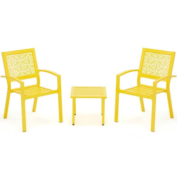 HOMMOW 3-Piece Metal Outdoor Bistro Set, Waterproof Patio Serving Bar Set with Floral Back Design Chairs and Table, Yellow