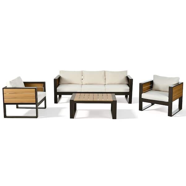 4-Piece Aluminum Frame Outdoor Patio Furniture Set with Fold-Out Side Tables, 3-Seat Sofa and 2 Armchairs, Beige Cushion