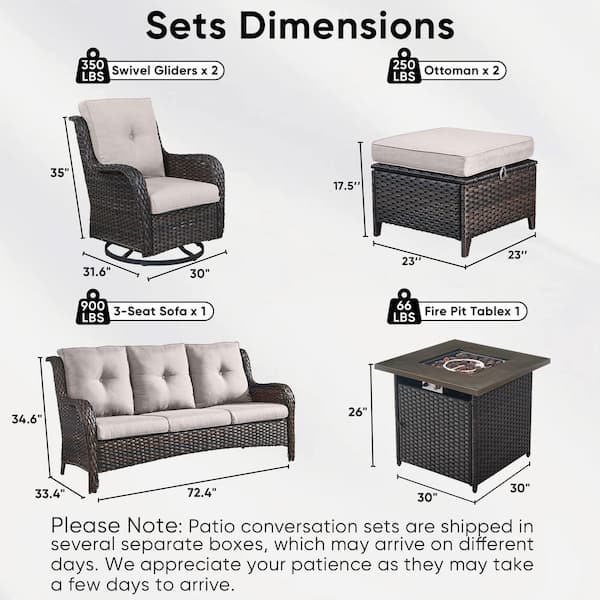 6-Piece Brown Wicker Fire Pit Conversation Set with Olefin Beige Cushions and Curved Arm Swivel Glider Rocking Chairs