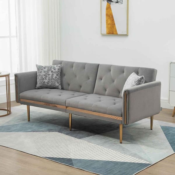 Seafuloy 73.23 in. W Flared Arm Velvet Straight Sofa Bed in Gray