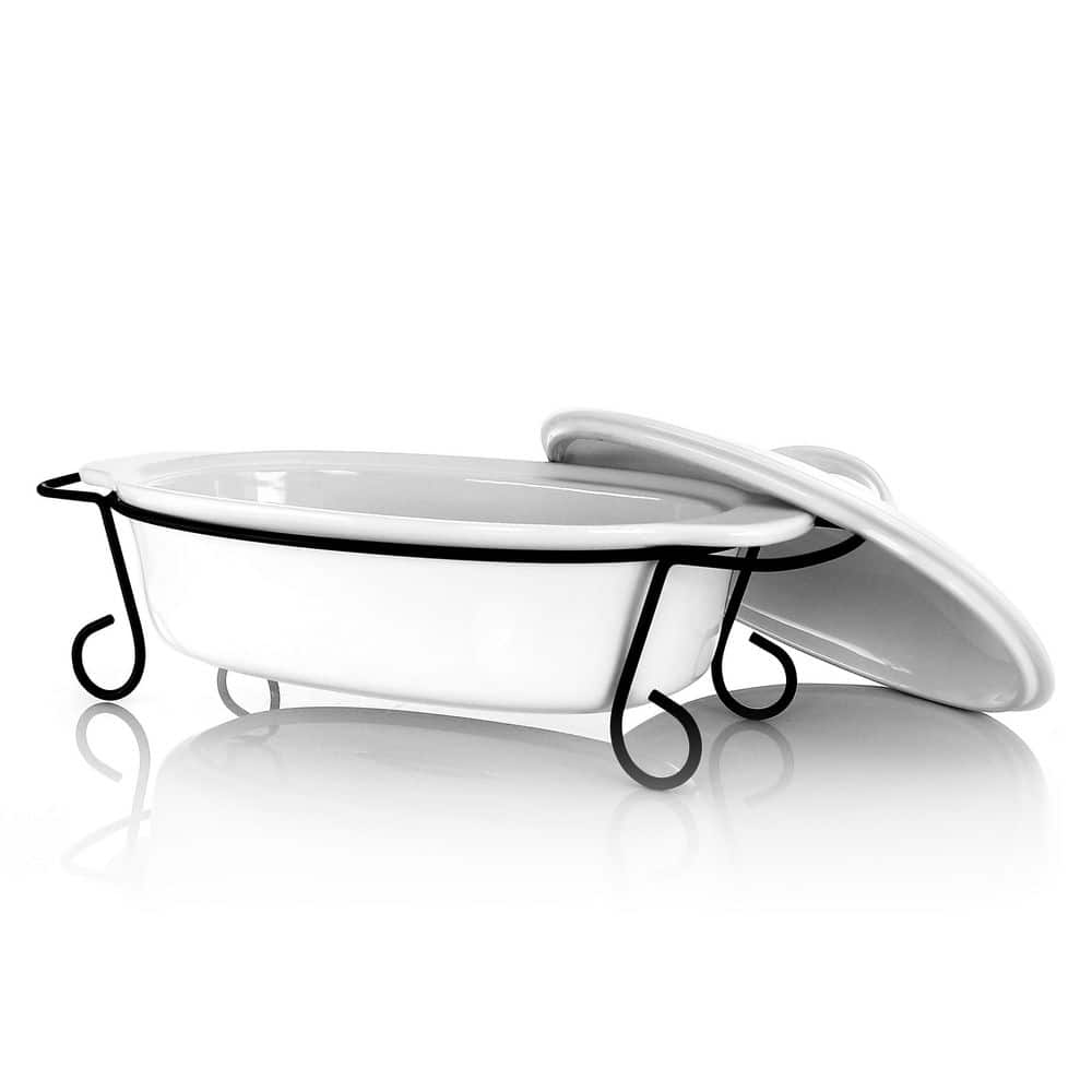 White Ceramic Oval Bakeware with Lid and Black Metal Rack