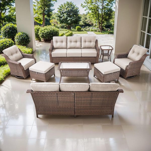 Artisan Brown 8-Piece Wicker Patio Conversation Set with 3-Seat Sofas, Swivel Rockers, and Olefin Beige Cushions
