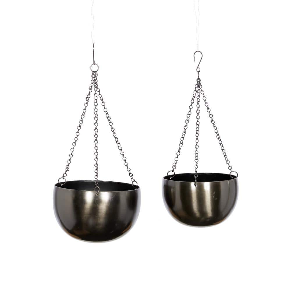 Set of 2 Black Iron Hanging Planters with Chains