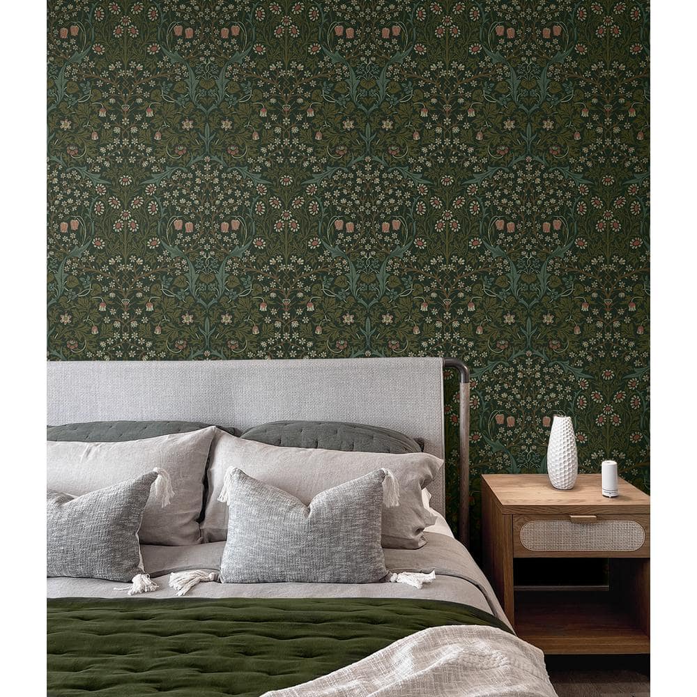 Victorian Garden Green Damask Self-Adhesive Peel and Stick Wallpaper