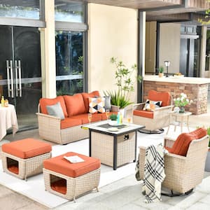 Hera 7-Piece Wicker Outdoor Patio Fire Pit Seating Sofa Set with Orange Red Cushions and Swivel Rocking Chairs