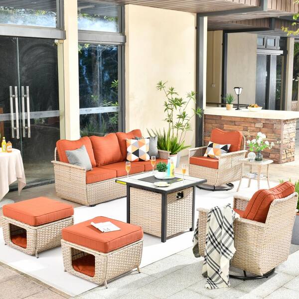 XIZZI Hera 7-Piece Wicker Outdoor Patio Fire Pit Seating Sofa Set with Orange Red Cushions and Swivel Rocking Chairs