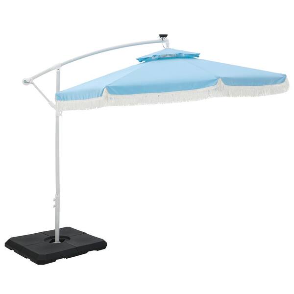 PHI VILLA 10 ft. Metal Cantilever Solar Patio Umbrella in Light Blue With Lights Tassel Design