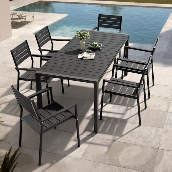 7-Piece Black 71.4 in. Aluminum Patio Outdoor Dining Set with Umbrella Hole and Stackable Dining Chairs