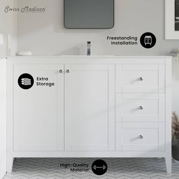 Cannes 48 in. Single, 2 Doors, 3 Drawers, Bathroom Vanity in White with White Countertop with White Basin