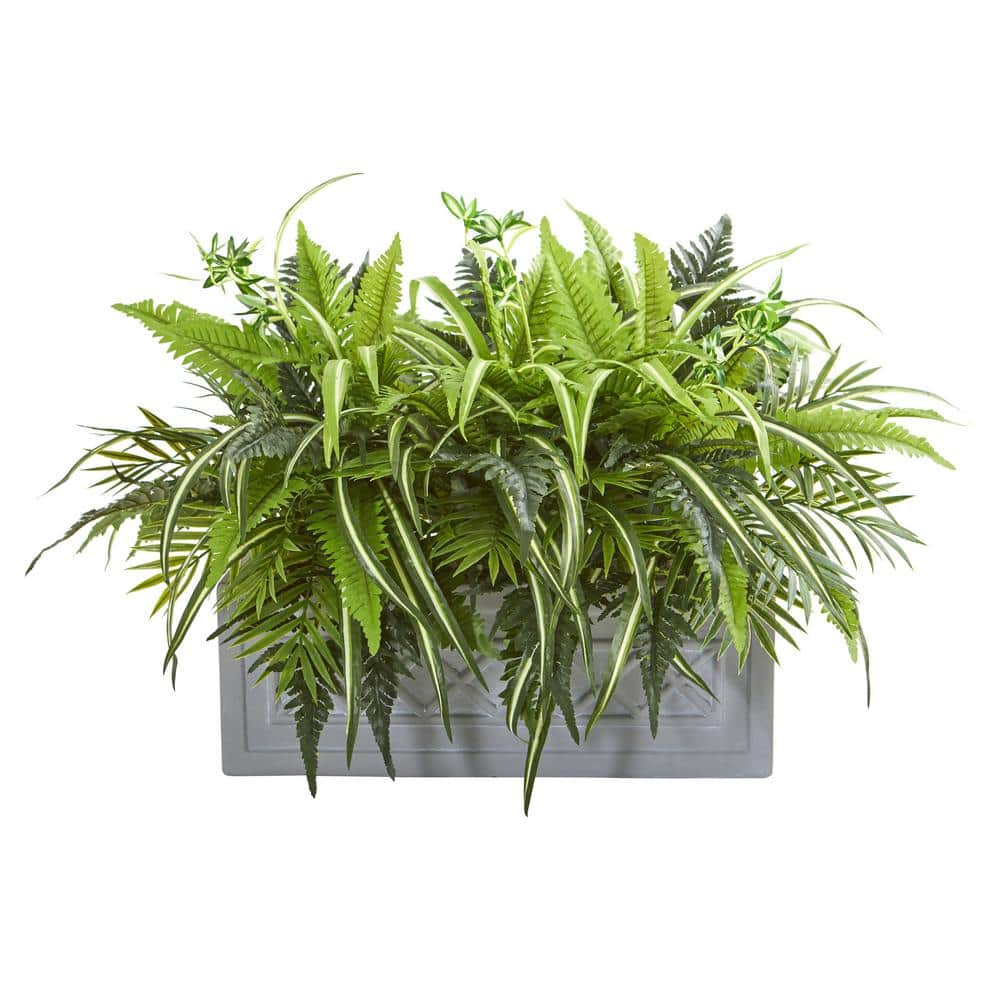 Indoor Mixed Greens and Fern Artificial in Stone Planter
