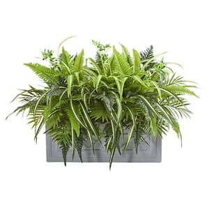 Indoor Mixed Greens and Fern Artificial in Stone Planter