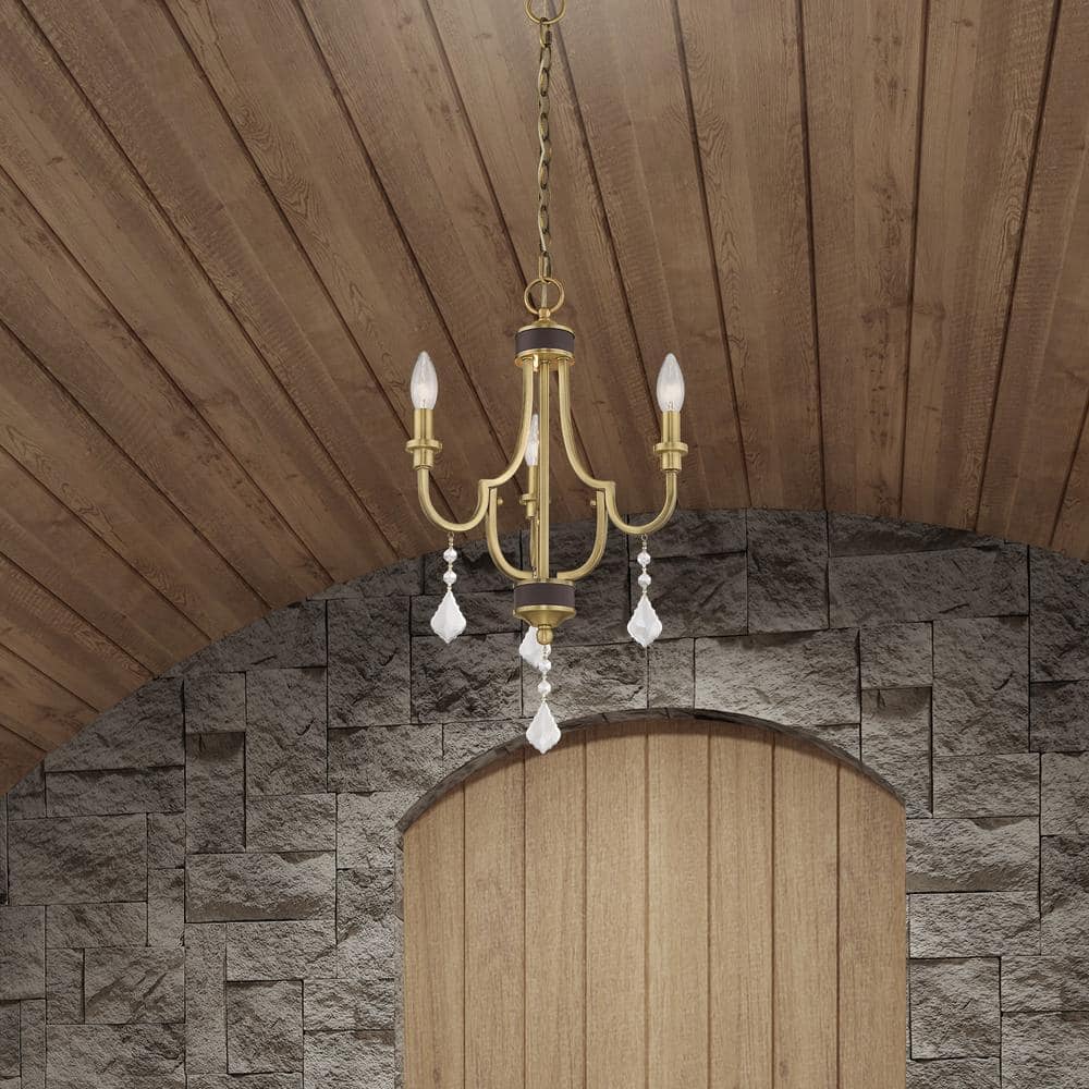 Antique Brass 3-Light Mini Chandelier with Clear Crystals
