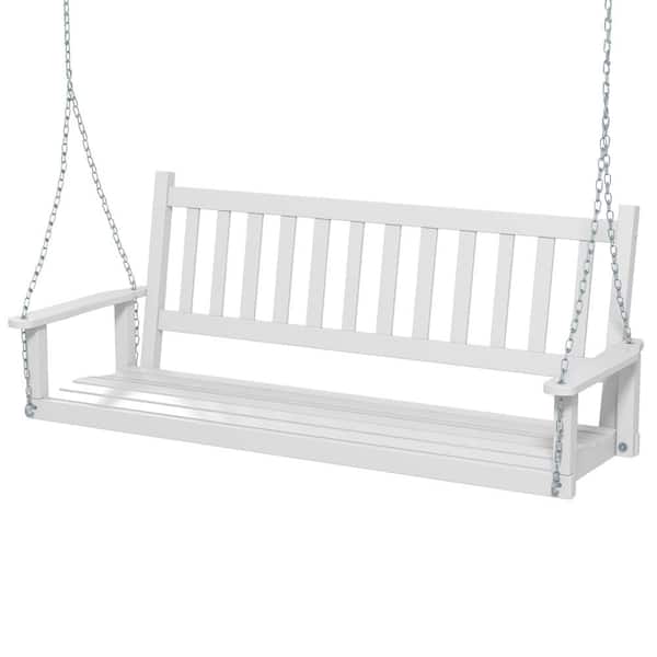 Costway Outdoor Porch Swing 3-Person White Wood Heavy Duty Patio Hanging Bench Chair