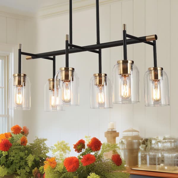 6-Light Mid-century Modern Pendant Light with Clear Glass Shade Black and Gold Chandelier Lighting for Living Room