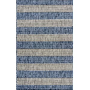 Clover Coastal Blue/Gray 7 ft. 9 in. x 9 ft. 9 in. Stripes Indoor/Outdoor Area Rug