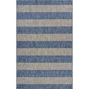 Coastal Blue / Gray 7 ft. 9 in. x 9 ft. 9 in. Stripes Indoor/Outdoor Area Rug