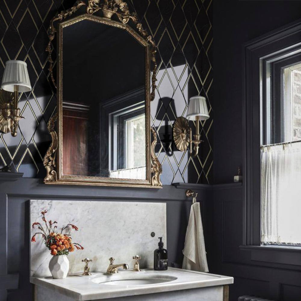 Black and Gold Geometric Polished Marble Mosaic Wall Tile