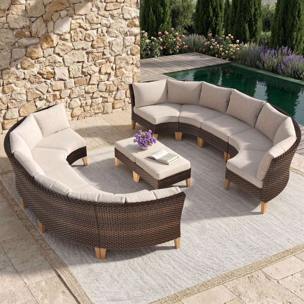 Brown Rattan Wicker 12 Seat 12-Piece Steel Patio Outdoor Sectional Set with Beige Cushions