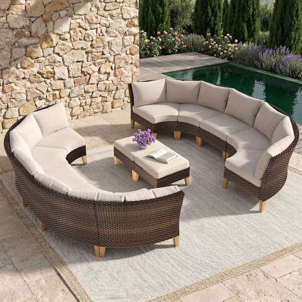 Brown Rattan Wicker 12 Seat 12-Piece Steel Patio Outdoor Sectional Set with Beige Cushions