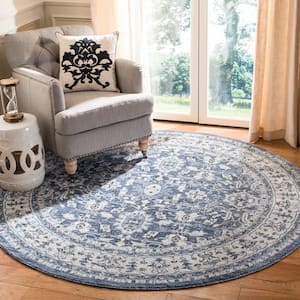 Charleston Navy/Cream 7 ft. x 7 ft. Floral Border Round Area Rug