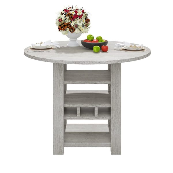 5-Piece Drop Leaf Counter Height Dining Table Set w/Wine Rack and Storage, Gray Wood Top Table and 4 Upholstered Chairs