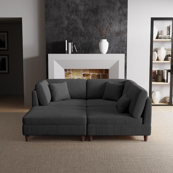 120.5 in. Straight Arm 4-Piece Corduroy Upholstered L-Shaped Sectional Sofa in Gray