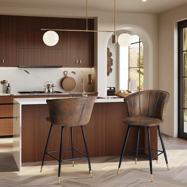 Homy Casa Doncic SW 27 in. Brown Suede High Back Swivel Bar Stools with Armrests and Gold Detailing Metal Frame (Set of 2)