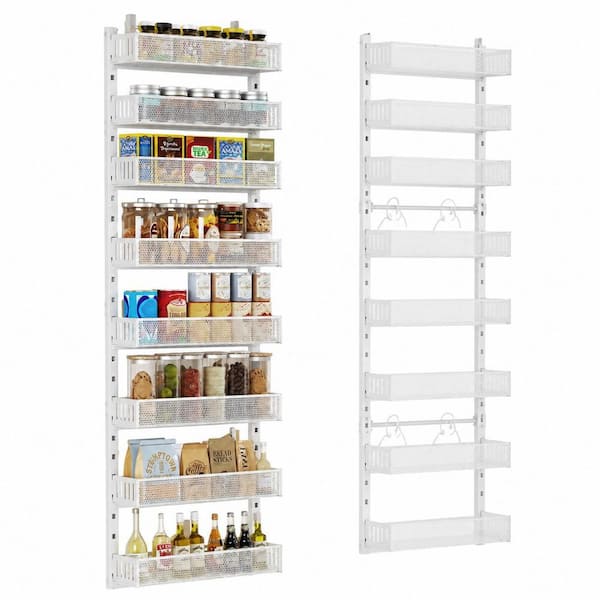 8-Tier White Heavy-Duty Metal Over-the-Door or Wall-Mount Pantry Door Organizer with Adjustable Baskets